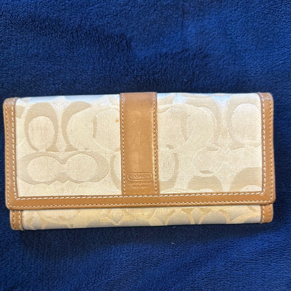 Coach Cream and Tan Signature Wallet with Leather Trim